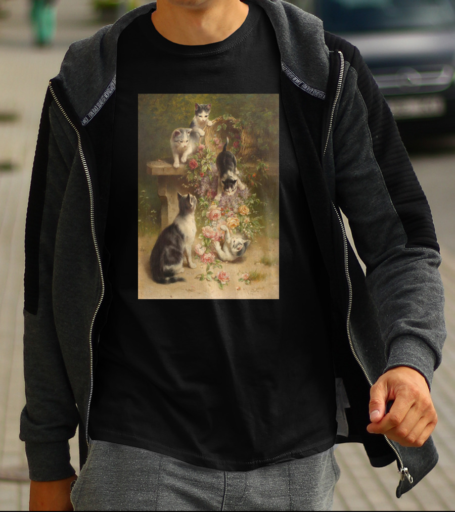 Cats And Flowers Playing On A Bench By Carl Reichert T-Shirt
