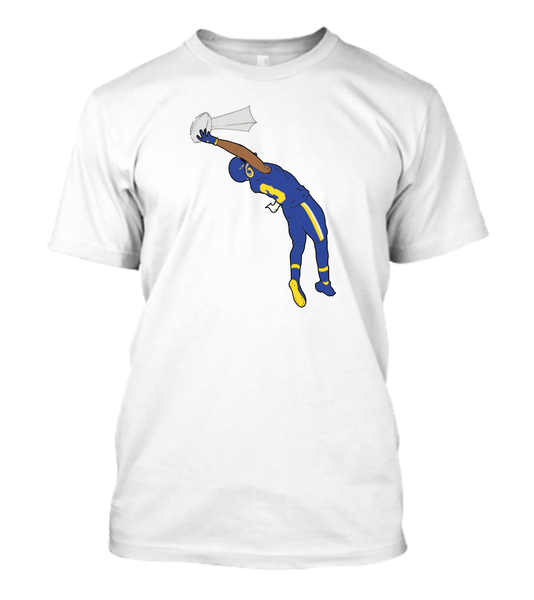 Trophy Catch Obj One-Handed Football Player Blue And Yellow Uniform T-Shirt