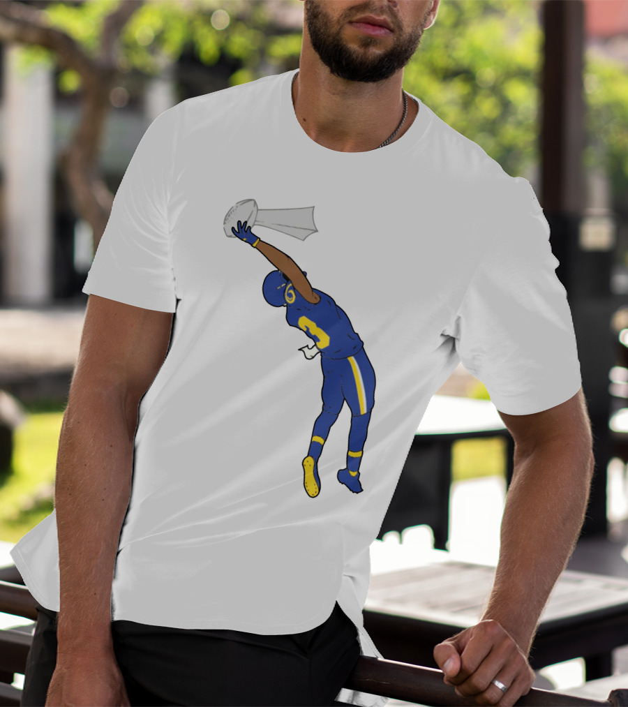 Trophy Catch Obj One-Handed Football Player Blue And Yellow Uniform T-Shirt