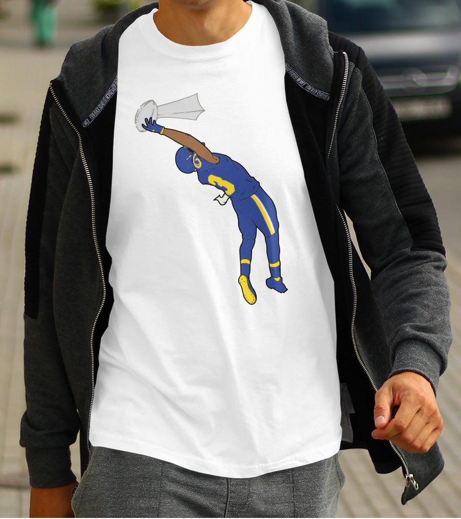 Trophy Catch Obj One-Handed Football Player Blue And Yellow Uniform T-Shirt
