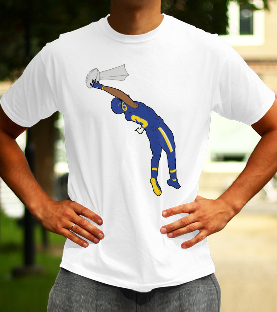 Trophy Catch Obj One-Handed Football Player Blue And Yellow Uniform T-Shirt