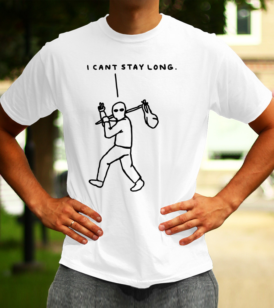 I Cant Stay Long Stick Figure With Bag Mask And Peace Sign T-Shirt