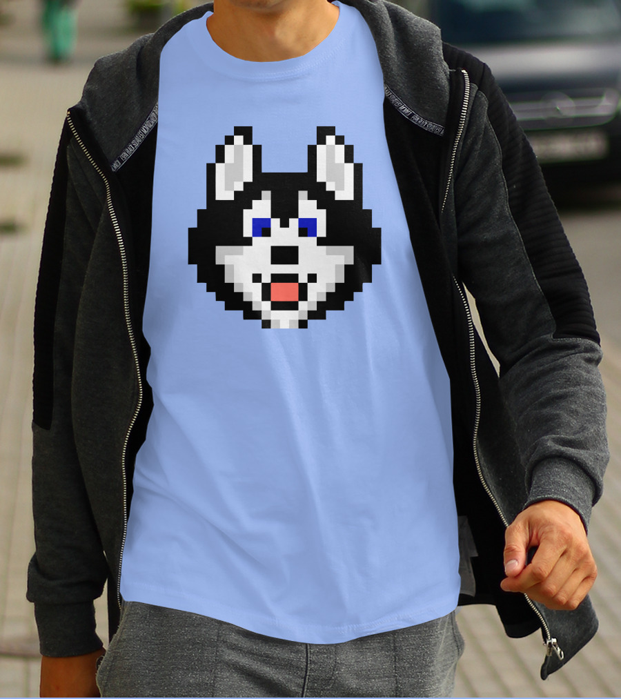 Huskytoken Cat Pixelated Husky Face On Light Blue T-Shirt