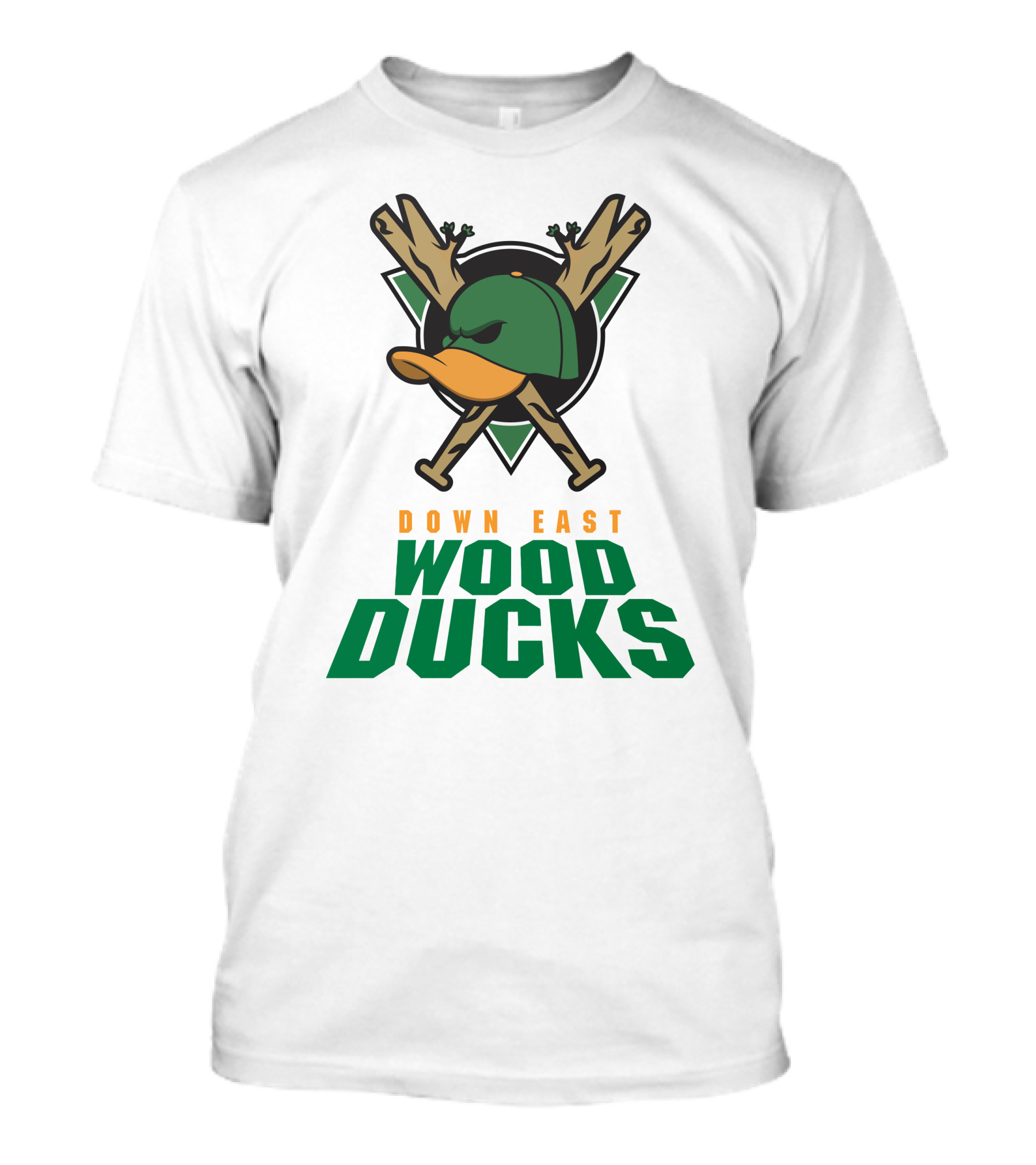 Down East Wood Ducks Baseball Logo With Crossed Bats And Duck Cap T-Shirt