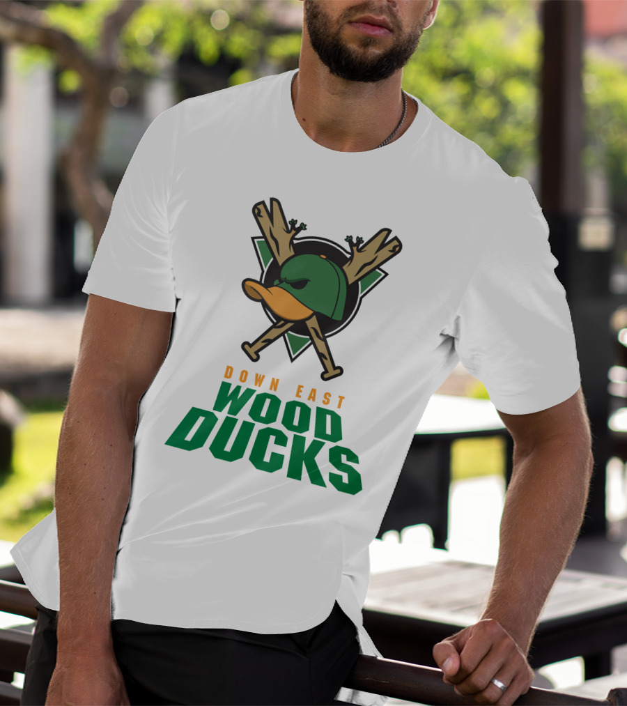 Down East Wood Ducks Baseball Logo With Crossed Bats And Duck Cap T-Shirt