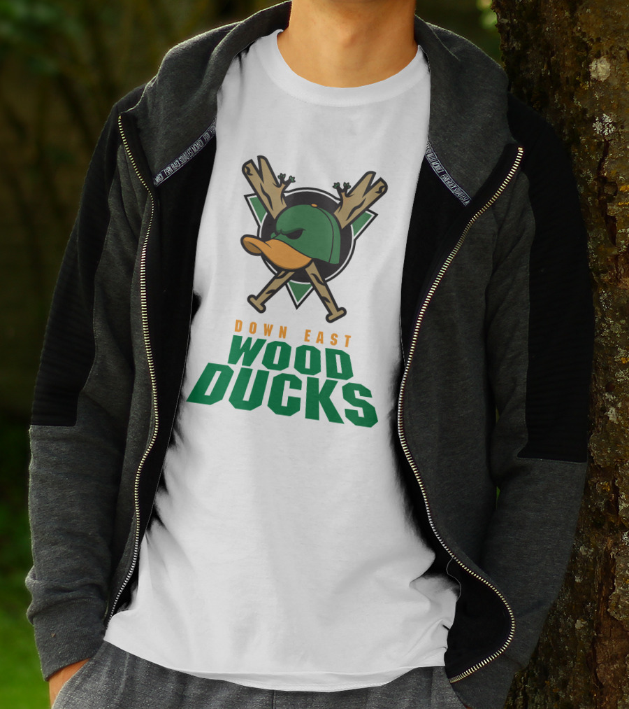 Down East Wood Ducks Baseball Logo With Crossed Bats And Duck Cap T-Shirt