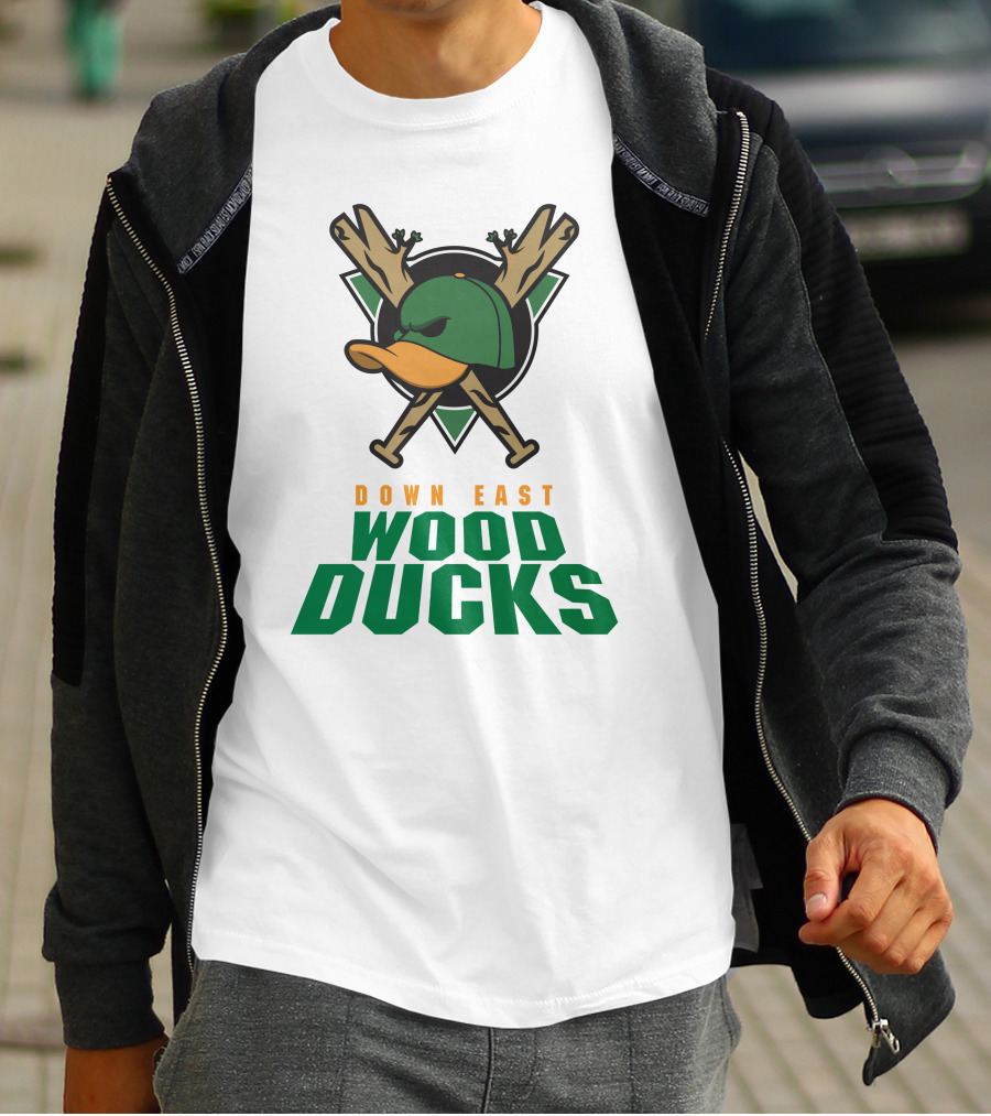 Down East Wood Ducks Baseball Logo With Crossed Bats And Duck Cap T-Shirt