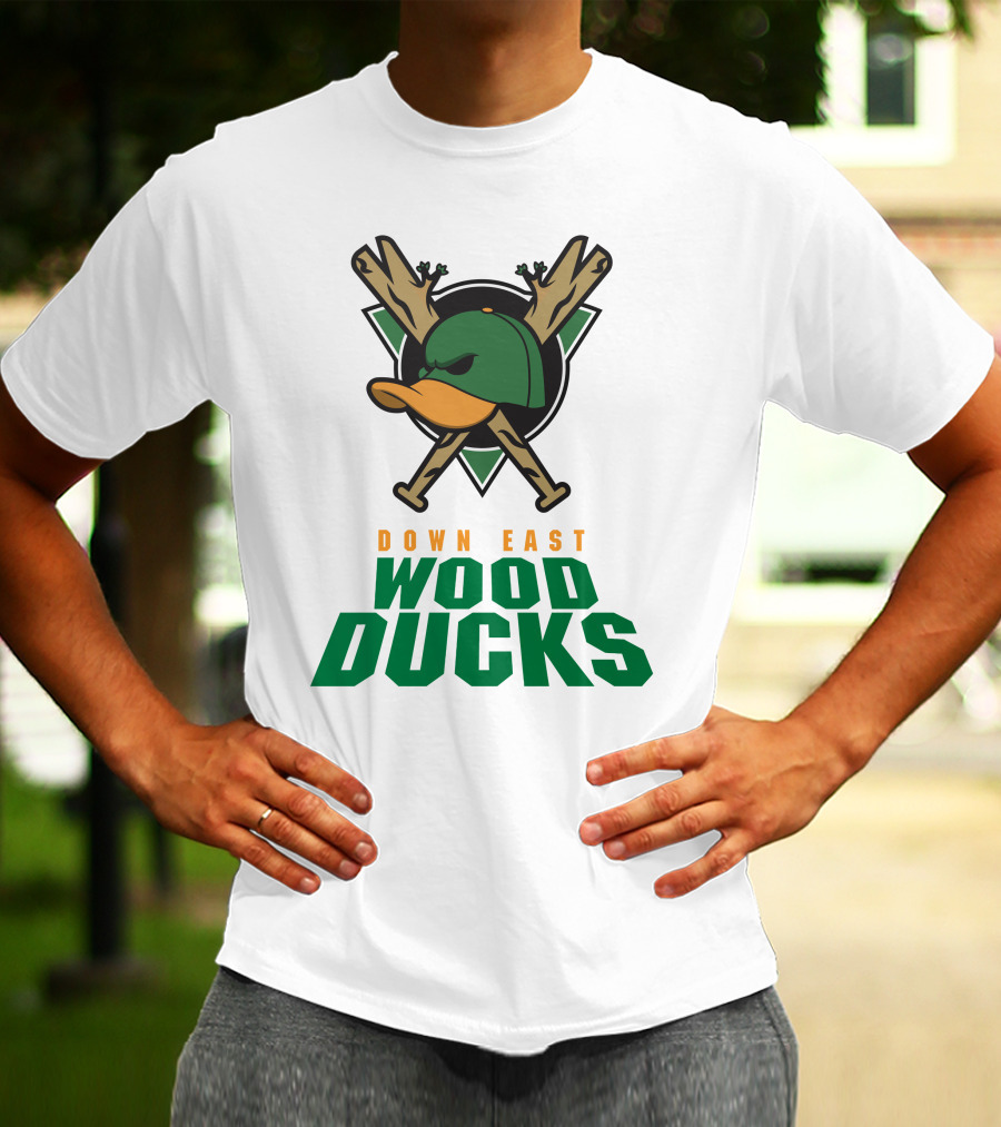 Down East Wood Ducks Baseball Logo With Crossed Bats And Duck Cap T-Shirt