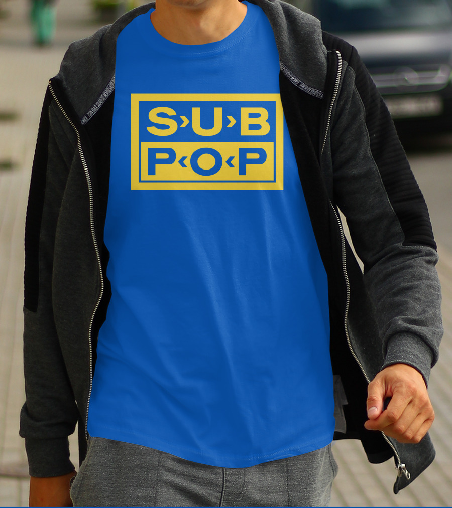 Sub Pop Records Megamart Store Logo Blue Background T-Shirt
