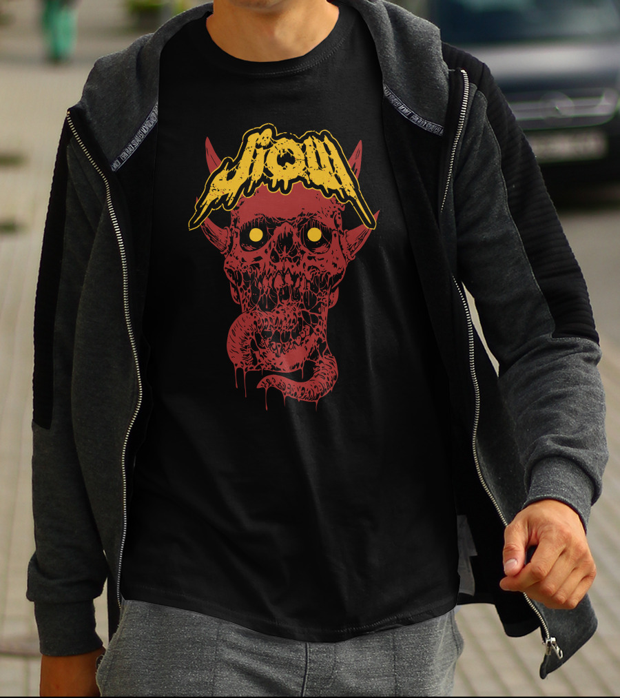 Jiqui Demon Music Merch Skull Demon With Yellow Lettering T-Shirt