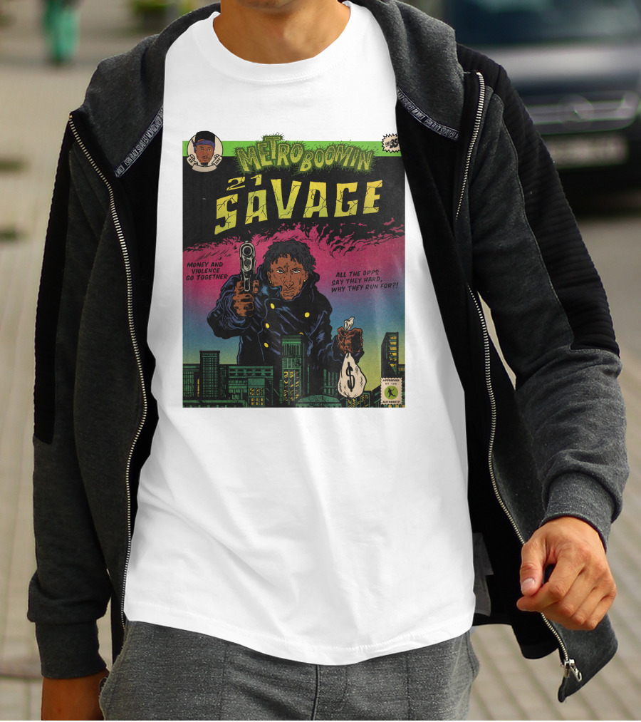 Metro Boomin 21 Savage Heroes And Villains Comic Money And Violence Go Together T-Shirt