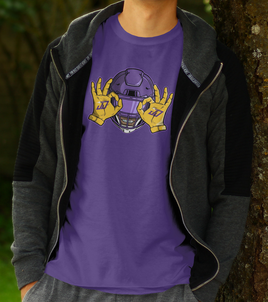 Kevin O’Connell Justin Jefferson Griddy JJ Celebration Viking Helmet Purple Yellow Hands T-Shirt
