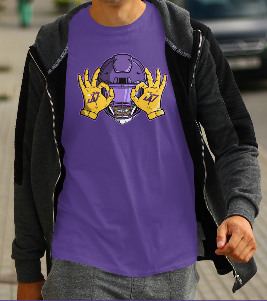 Kevin O’Connell Justin Jefferson Griddy JJ Celebration Viking Helmet Purple Yellow Hands T-Shirt