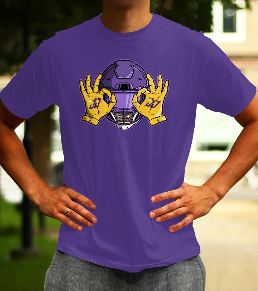 Kevin O’Connell Justin Jefferson Griddy JJ Celebration Viking Helmet Purple Yellow Hands T-Shirt