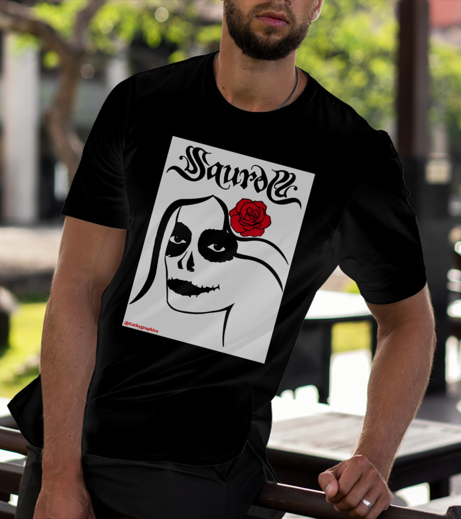 Saurom Cathygraphics Skull Face With Red Rose T-Shirt