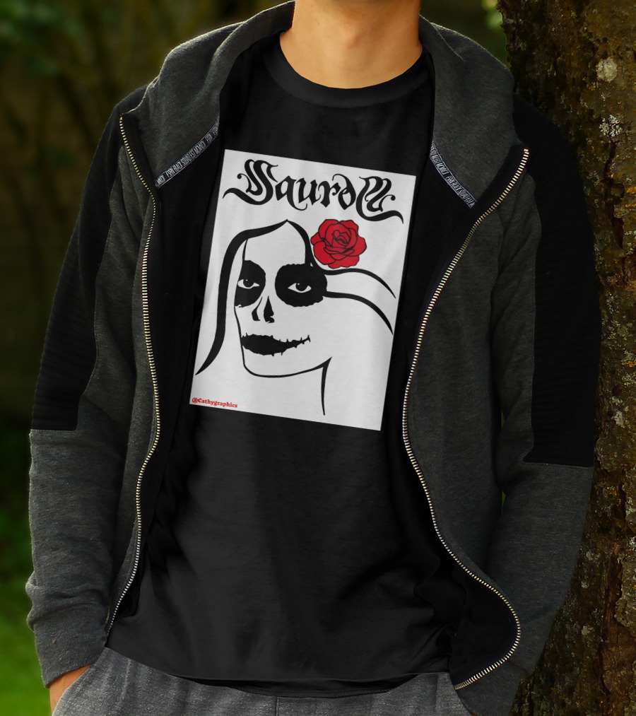 Saurom Cathygraphics Skull Face With Red Rose T-Shirt