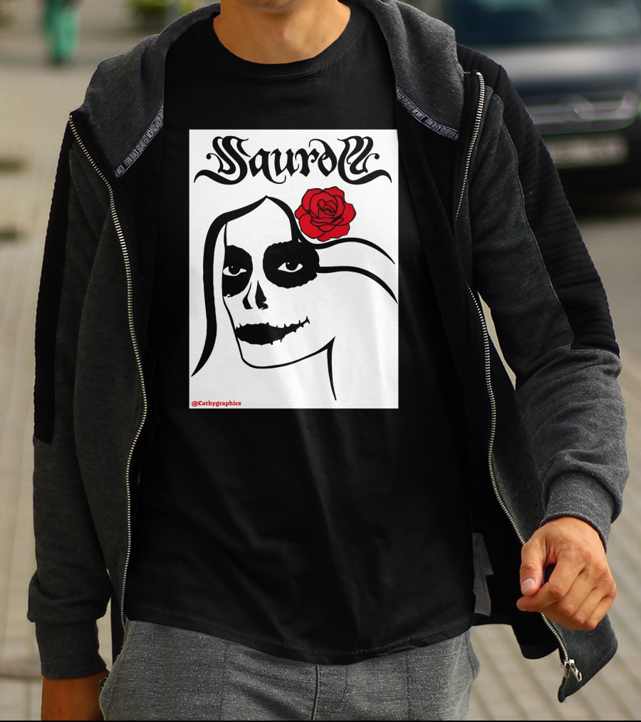 Saurom Cathygraphics Skull Face With Red Rose T-Shirt