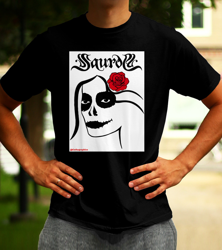 Saurom Cathygraphics Skull Face With Red Rose T-Shirt