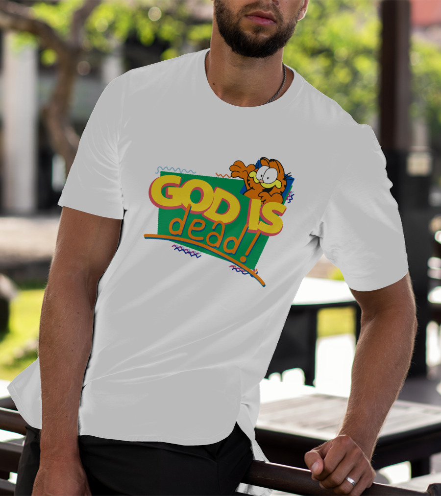 Garfield God Is Dead Comic Style Text With Playful Cartoon Character T-Shirt
