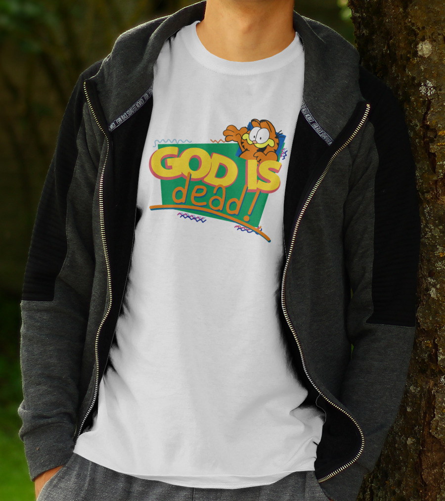 Garfield God Is Dead Comic Style Text With Playful Cartoon Character T-Shirt