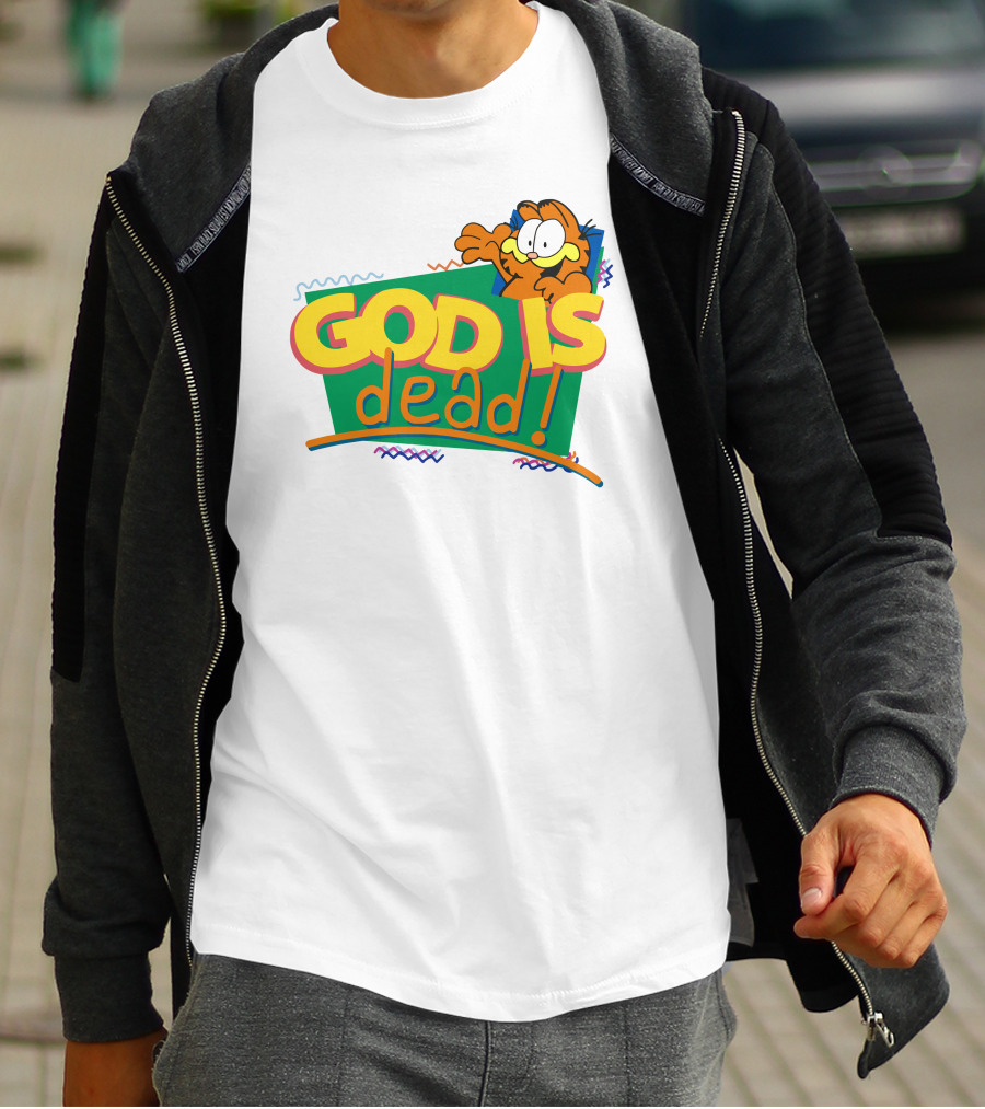 Garfield God Is Dead Comic Style Text With Playful Cartoon Character T-Shirt