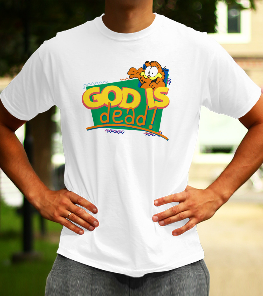 Garfield God Is Dead Comic Style Text With Playful Cartoon Character T-Shirt
