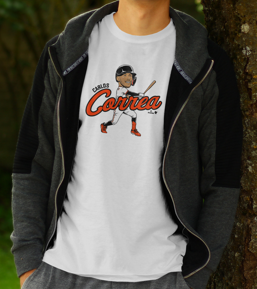 Carlos Correa Caricature Baseball Player Swinging Bat T-Shirt