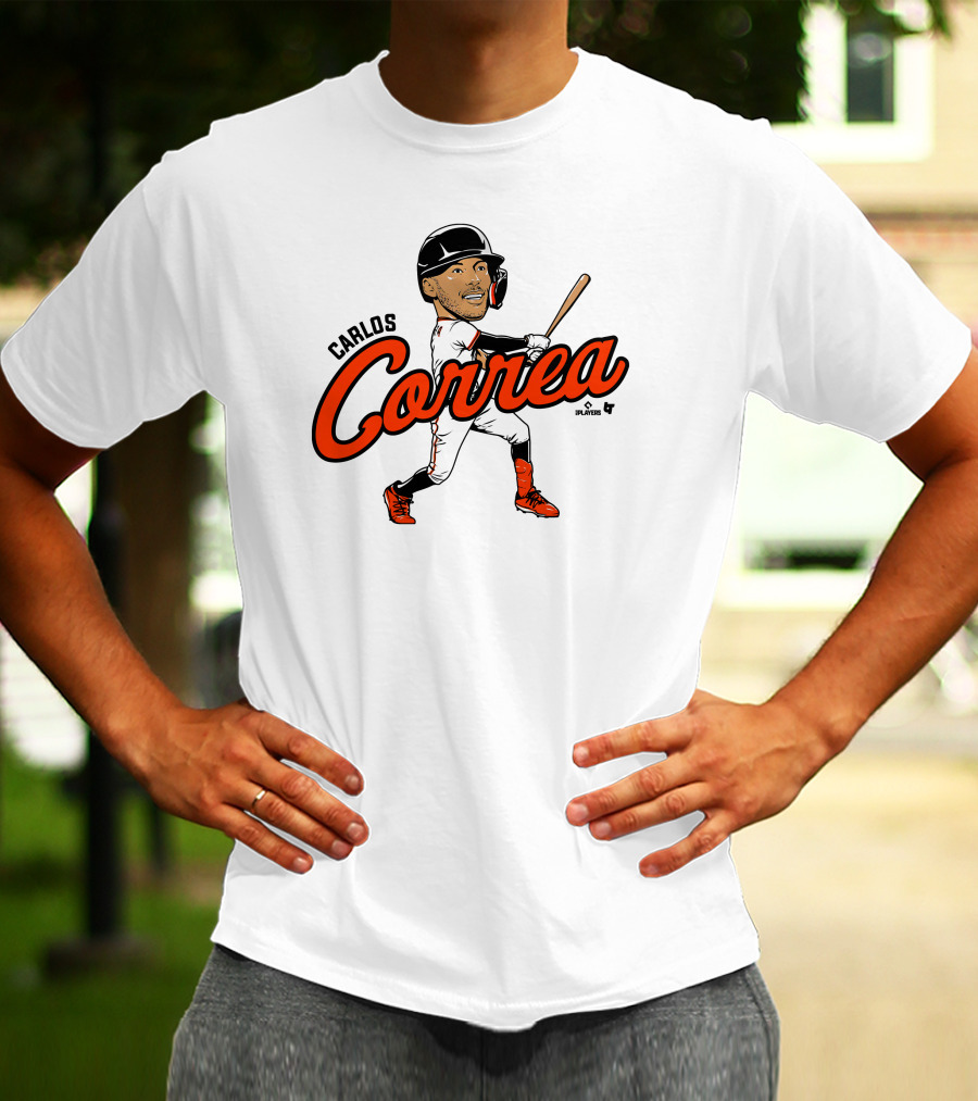 Carlos Correa Caricature Baseball Player Swinging Bat T-Shirt