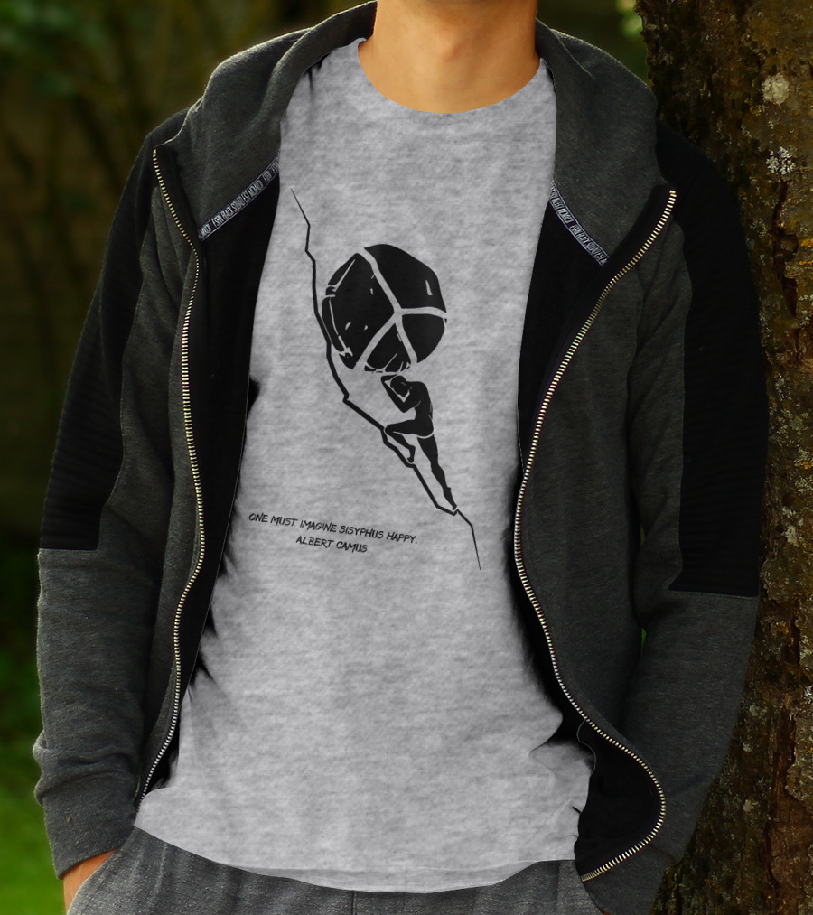 One Must Imagine Sisyphus Happy Albert Camus Illustration With Figure Pushing Boulder T-Shirt