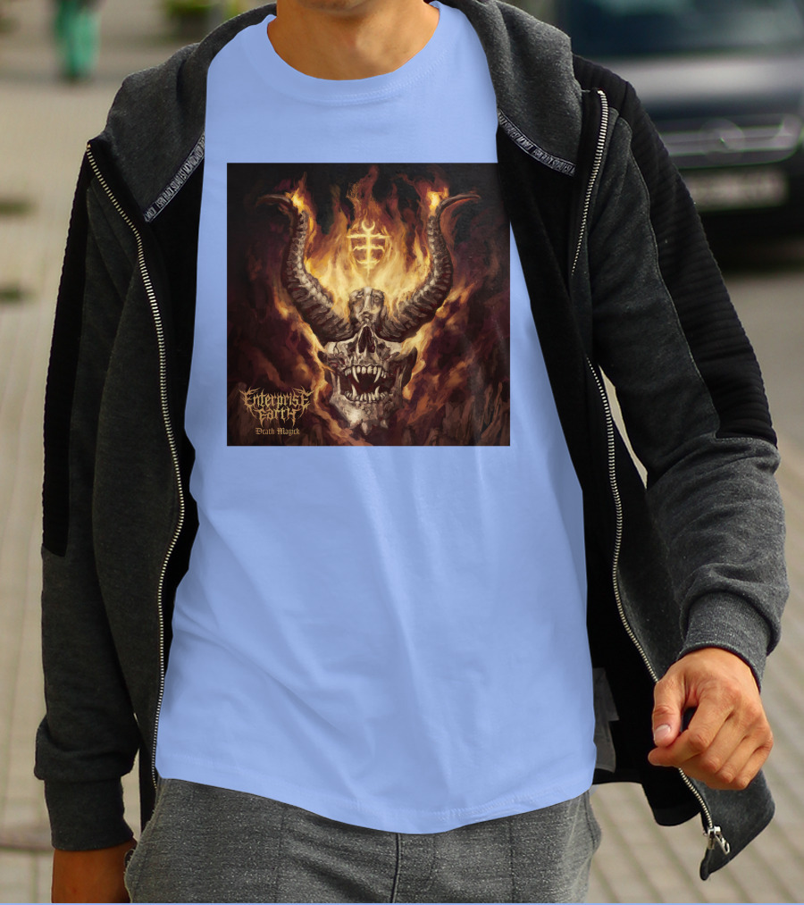 Enterprise Earth Death Magick Fiery Horned Skull T-Shirt
