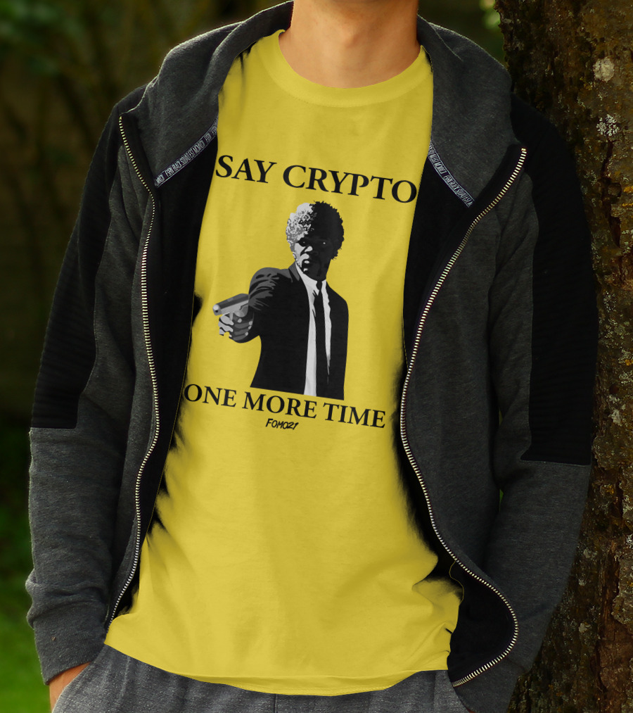 Pulp Fiction Style Say Crypto One More Time FOMO21 T-Shirt
