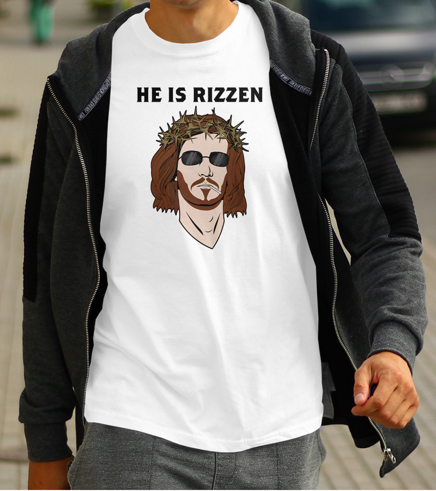 Shithead Steve Merch He Is Rizzen Jesus Crown Of Thorns Sunglasses Smoking T-Shirt