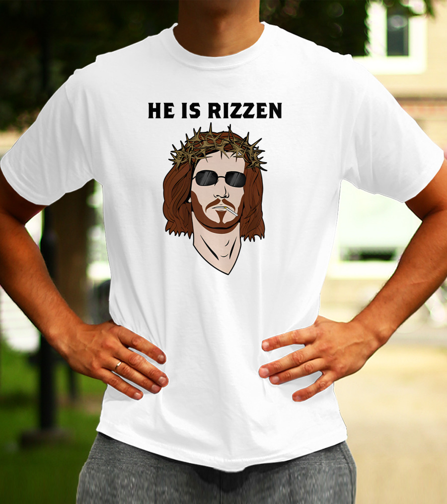 Shithead Steve Merch He Is Rizzen Jesus Crown Of Thorns Sunglasses Smoking T-Shirt