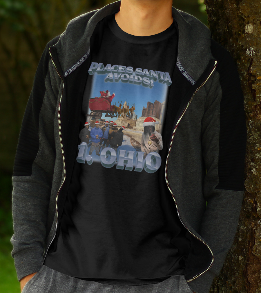 Places Santa Avoids 1 Ohio Santa's Sleigh Reindeer Columbus Skyline T-Shirt