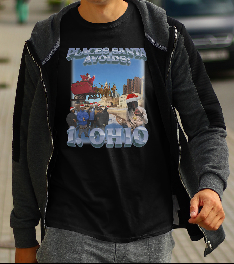 Places Santa Avoids 1 Ohio Santa's Sleigh Reindeer Columbus Skyline T-Shirt