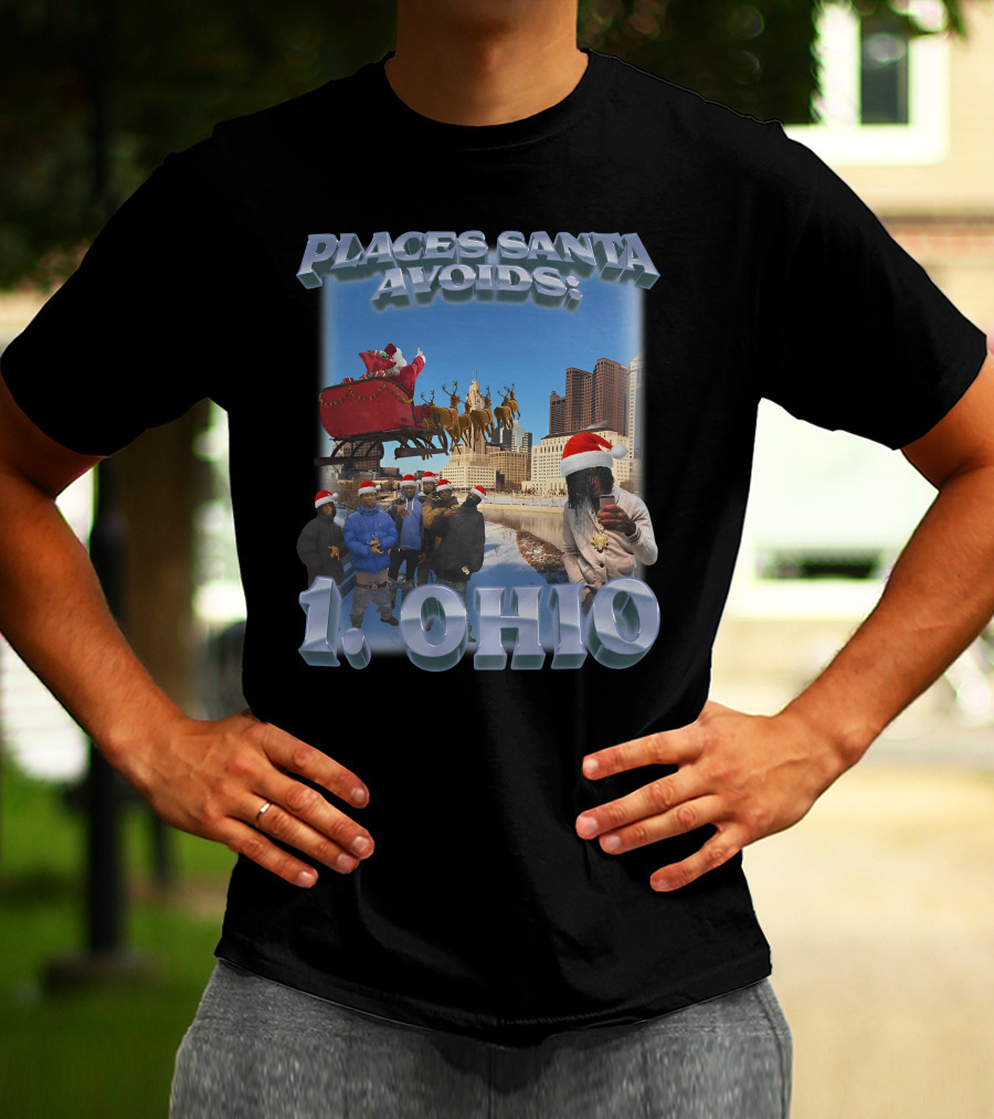 Places Santa Avoids 1 Ohio Santa's Sleigh Reindeer Columbus Skyline T-Shirt