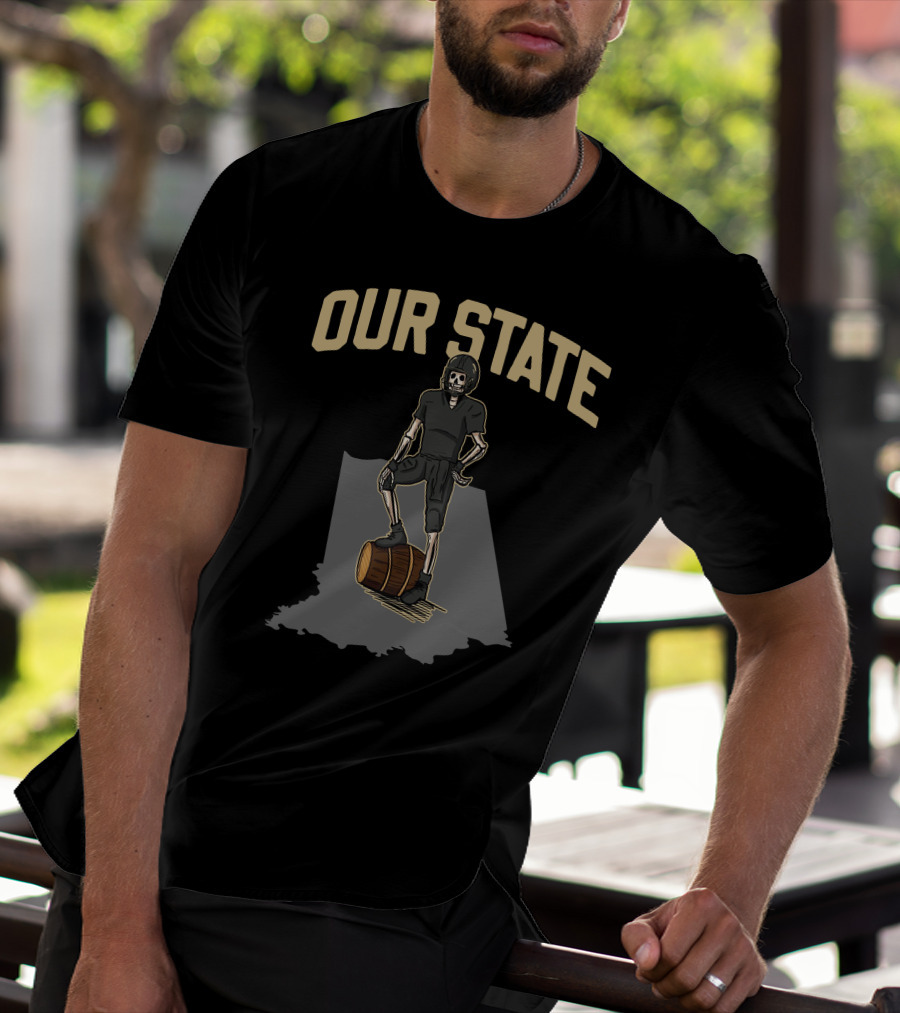 Our State Barstool Boilers Skeleton On Barrel Indiana Shadow T-Shirt