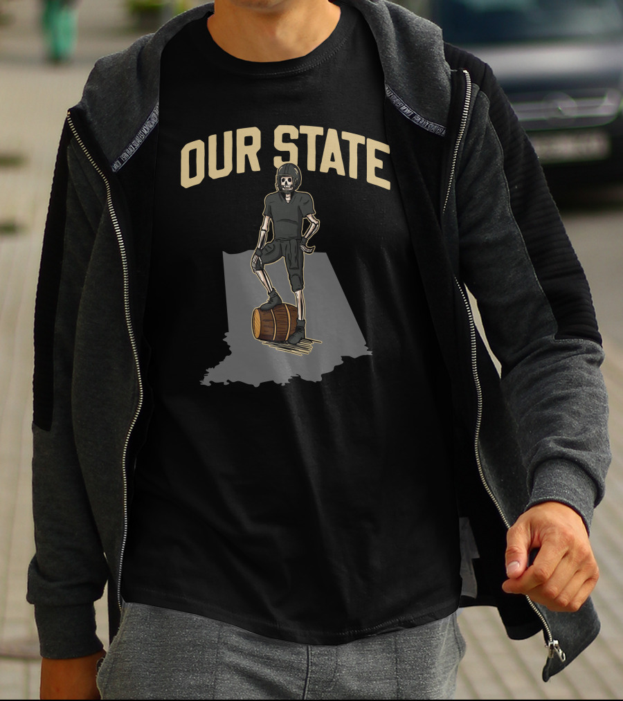 Our State Barstool Boilers Skeleton On Barrel Indiana Shadow T-Shirt