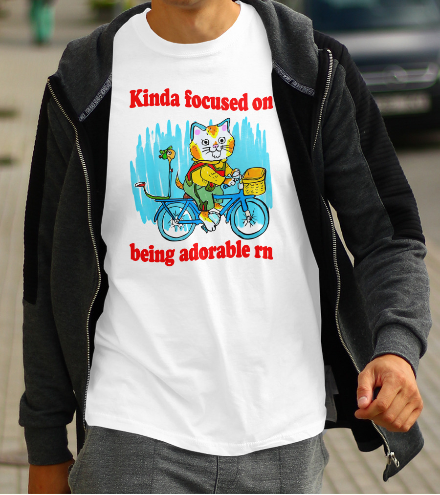 Kinda Focused On Being Adorable Rn Cat Riding Bicycle With Bird Basket T-Shirt