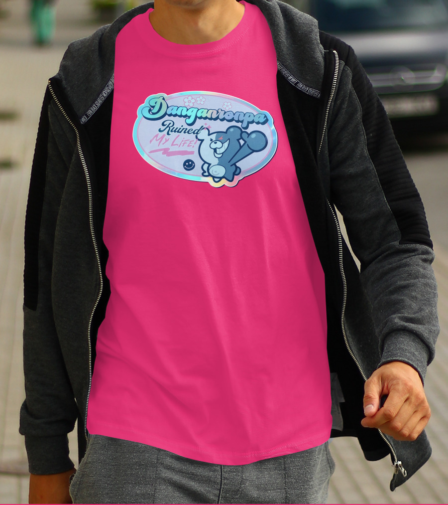 Danganronpa Ruined My Life Monokuma Smiley Pink Flowers T-Shirt