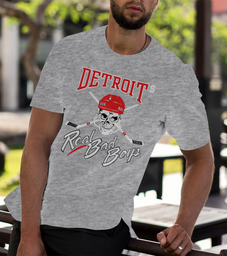 Detroit Real Bad Boys Skull With Hockey Helmet And Crossed Sticks T-Shirt