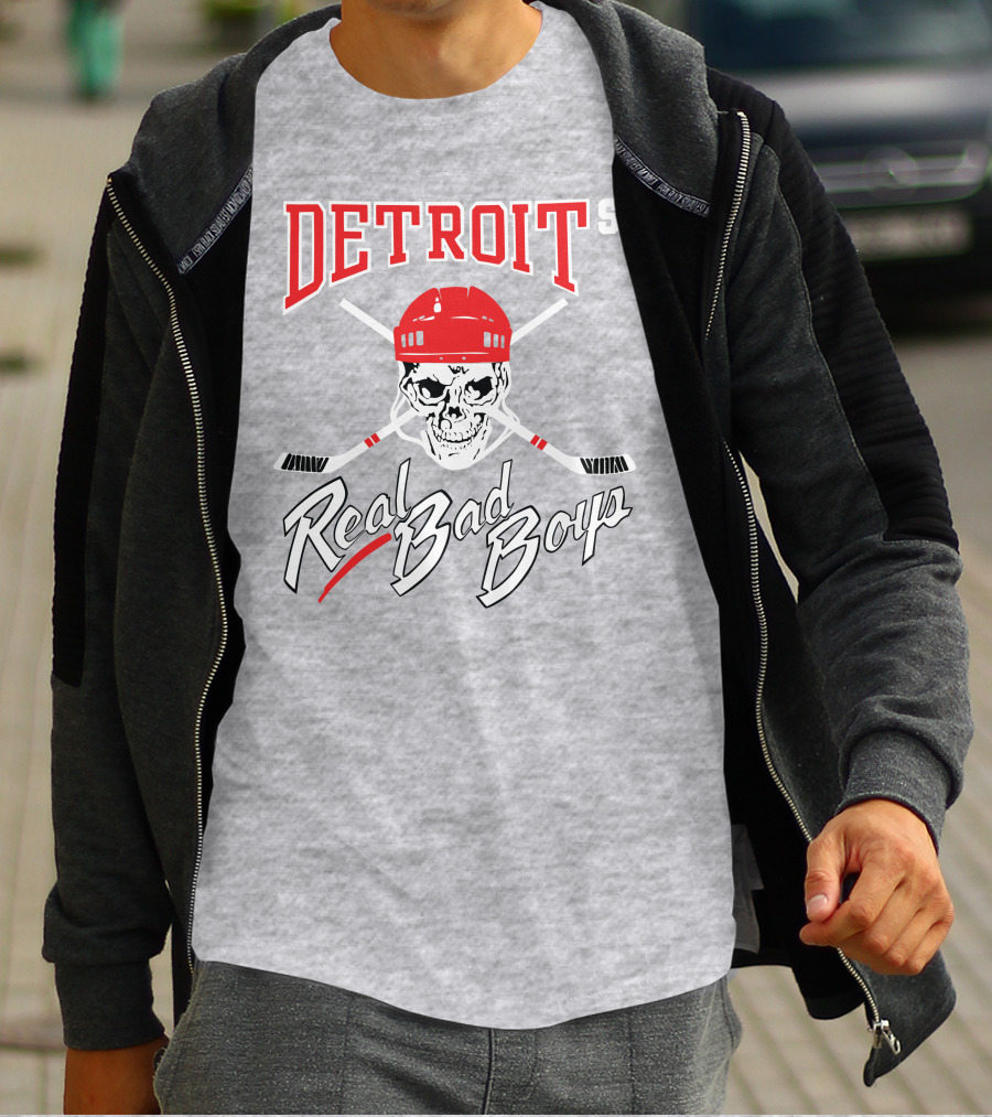 Detroit Real Bad Boys Skull With Hockey Helmet And Crossed Sticks T-Shirt