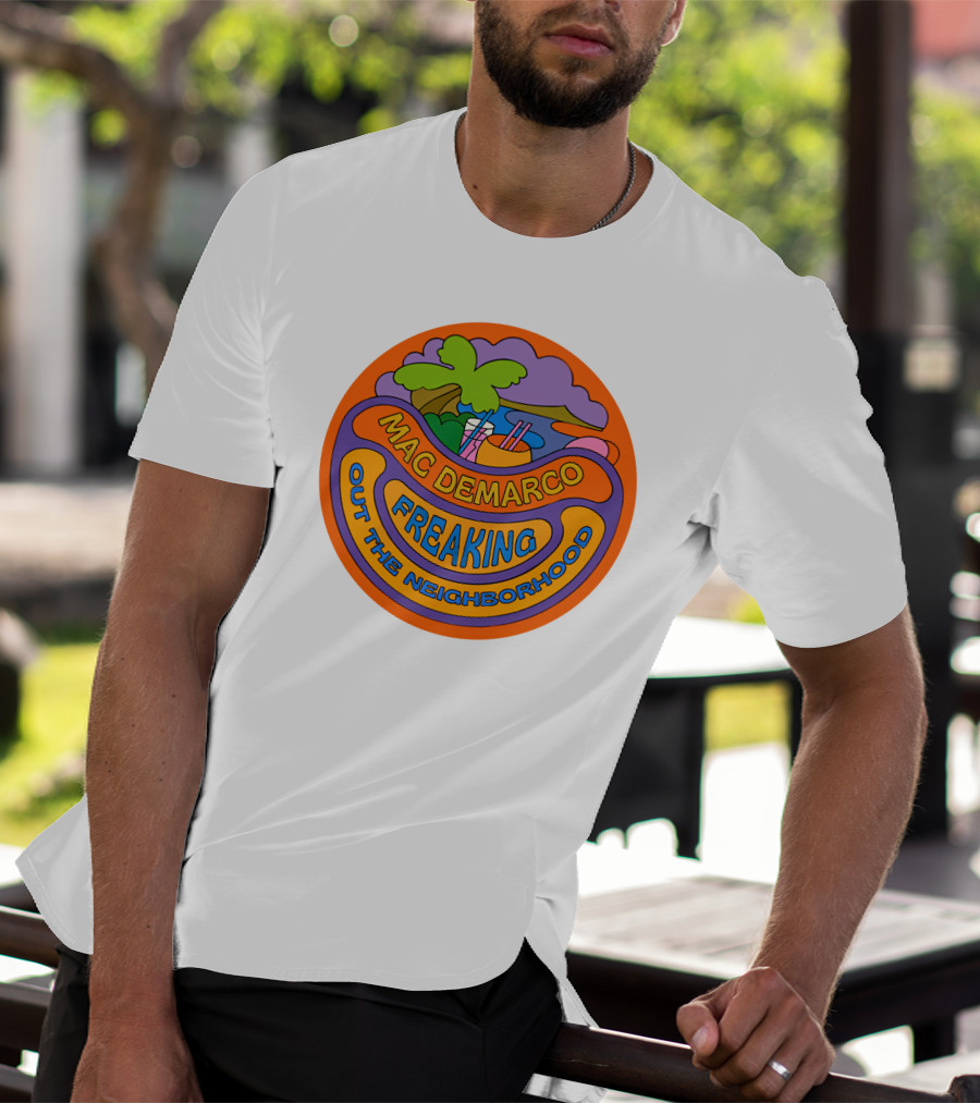 Mac Demarco Freaking Out The Neighborhood Colorful Retro Design With Beach And Palm Tree Elements T-Shirt