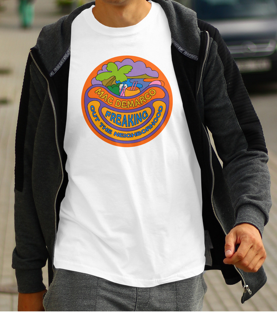 Mac Demarco Freaking Out The Neighborhood Colorful Retro Design With Beach And Palm Tree Elements T-Shirt
