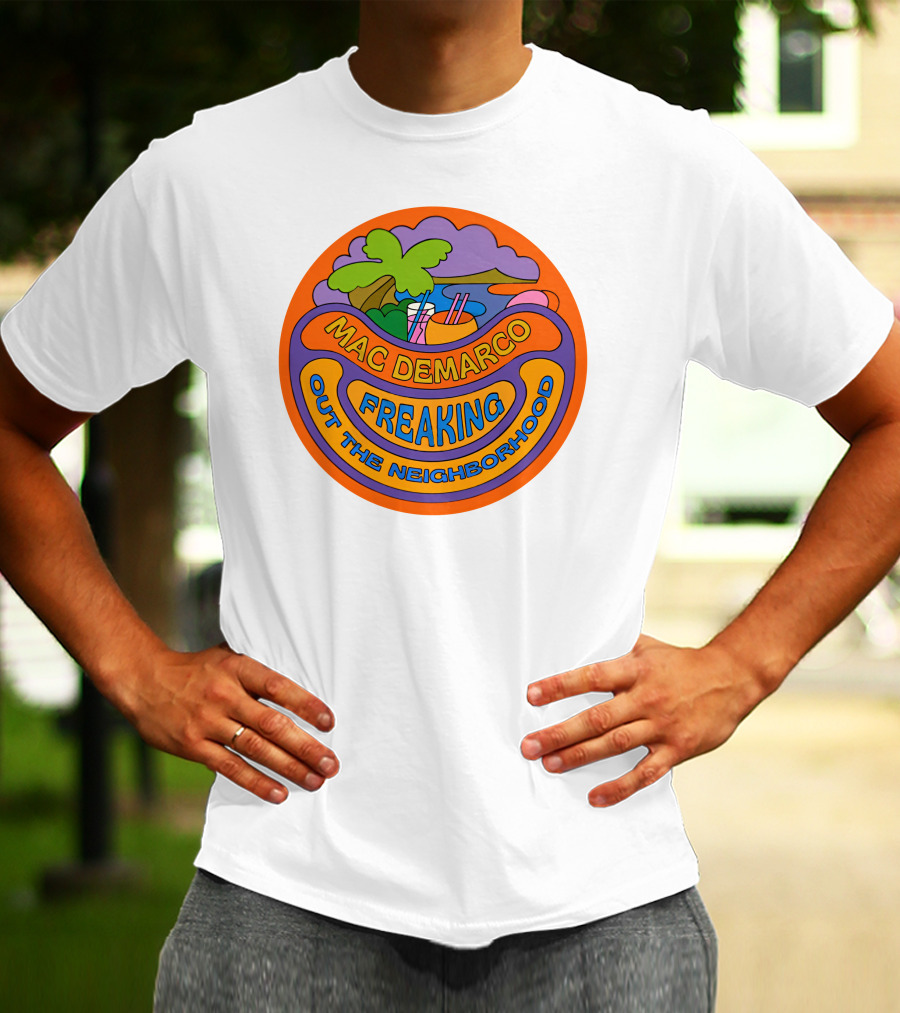 Mac Demarco Freaking Out The Neighborhood Colorful Retro Design With Beach And Palm Tree Elements T-Shirt