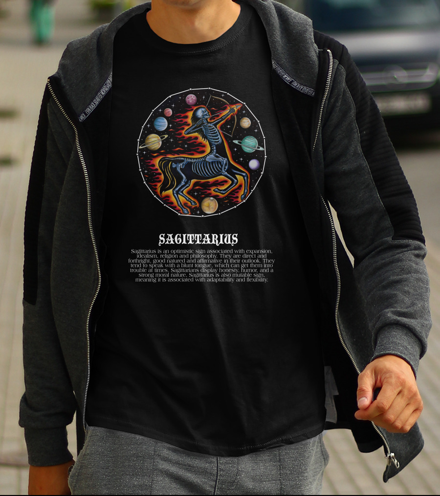 Sagittarius Idealism Religion Philosophy Honesty Humor Zodiac Skeleton Planets T-Shirt