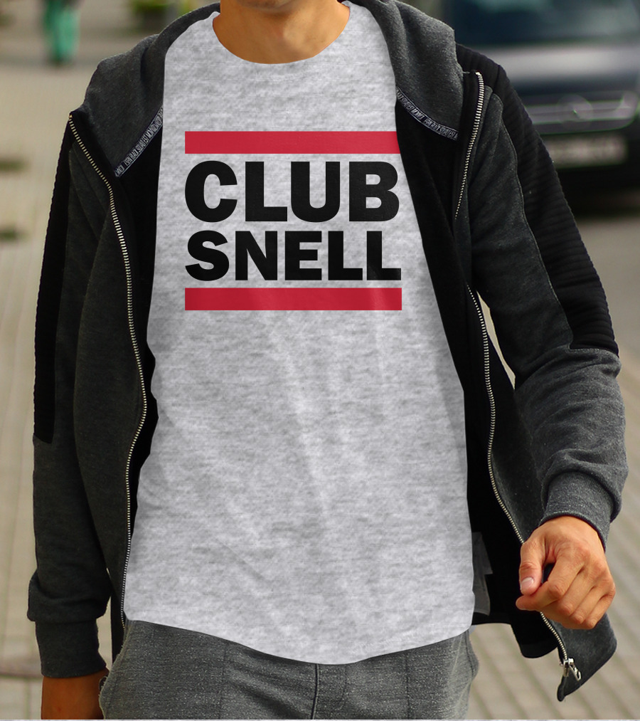Club Snell Bold Black Text With Red Stripes On Gray Background T-Shirt