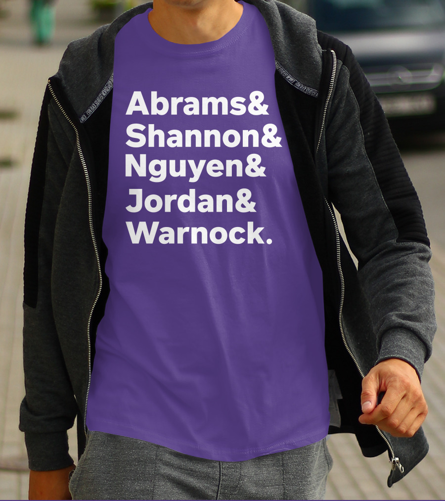 Abrams Shannon Nguyen Jordan Warnock Bold Text Purple Background T-Shirt