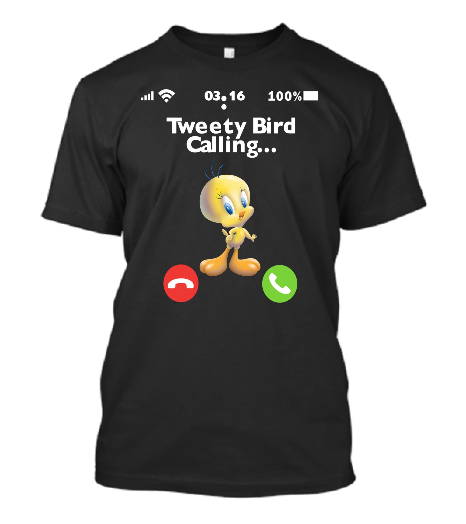 Tweety Bird Calling Incoming Call Icon 100 Percent Battery WiFi Time 03 16 T-Shirt