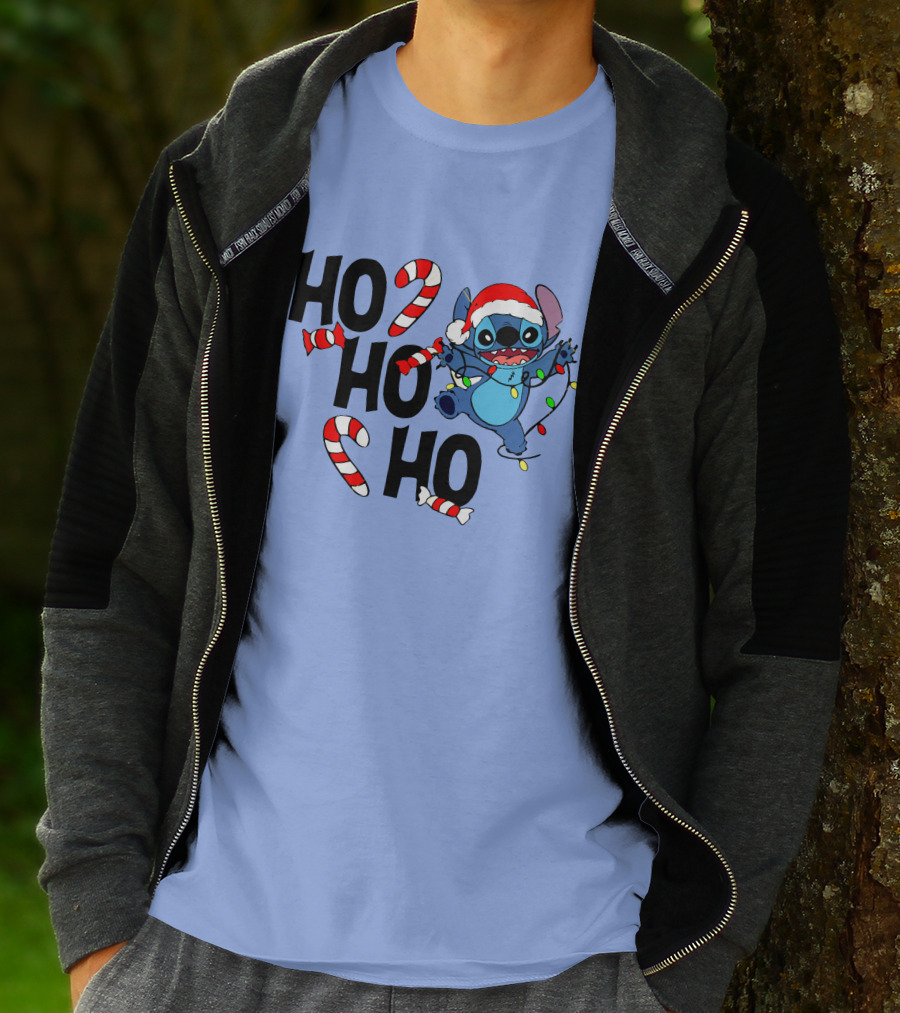 Stitch Ho Ho Ho Christmas Lights And Candy Canes T-Shirt